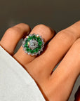 I'VE NEVER MET A FIELD I DIDN'T WANT TO FROLIC IN // MID CENTURY EMERALD AND OLD MINE CUT DOUBLE HALO RING