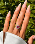 LAY YOUR SWEET HEAD ON MY HEARTBEATS // BURMA NO HEAT RUBY AND DIAMOND HALO RING
