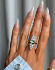 OF GREEN THINGS GROWING UP THROUGH COBBLESTONES, DESPITE IT ALL // BEAUTIFUL ART NOUVEAU GREEN TOURMALINE AND OLD MINE CUT DIAMOND NAVETTE RING