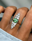 OF GREEN THINGS GROWING UP THROUGH COBBLESTONES, DESPITE IT ALL // BEAUTIFUL ART NOUVEAU GREEN TOURMALINE AND OLD MINE CUT DIAMOND NAVETTE RING