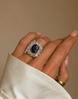 LOVE THE DARKEST PARTS OF ME OR DON'T LOVE ME AT ALL // EDWARDIAN SAPPHIRE AND DIAMOND HALO RING