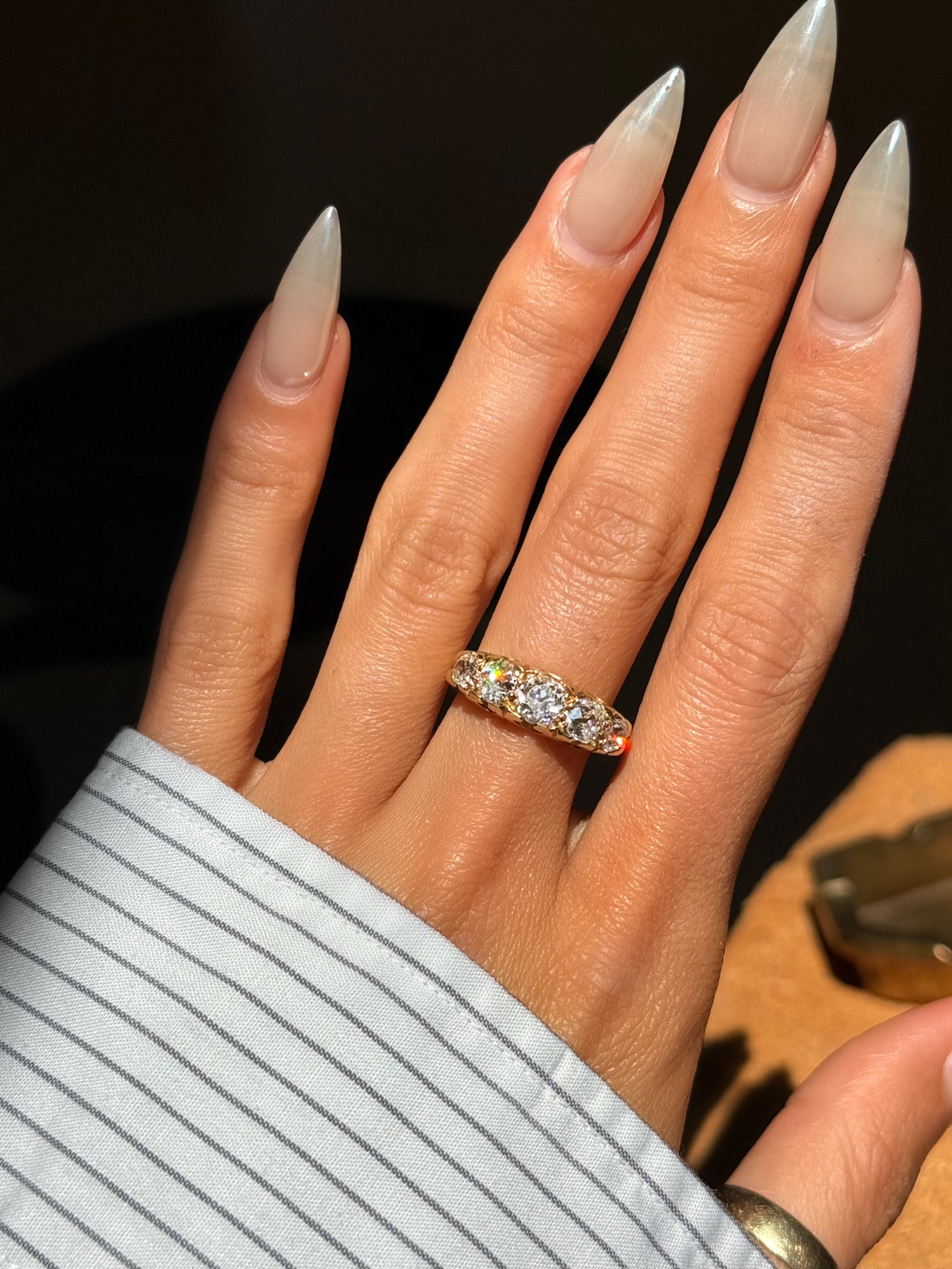 A MOTHER'S LOVE IN FULL // VICTORIAN FIVE STONE OLD MINE CUT DIAMOND BAND