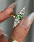 OF GREEN THINGS GROWING UP THROUGH COBBLESTONES, DESPITE IT ALL // BEAUTIFUL ART NOUVEAU GREEN TOURMALINE AND OLD MINE CUT DIAMOND NAVETTE RING