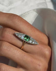 OF GREEN THINGS GROWING UP THROUGH COBBLESTONES, DESPITE IT ALL // BEAUTIFUL ART NOUVEAU GREEN TOURMALINE AND OLD MINE CUT DIAMOND NAVETTE RING