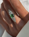 OF GREEN THINGS GROWING UP THROUGH COBBLESTONES, DESPITE IT ALL // BEAUTIFUL ART NOUVEAU GREEN TOURMALINE AND OLD MINE CUT DIAMOND NAVETTE RING
