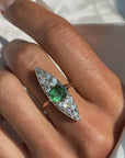 OF GREEN THINGS GROWING UP THROUGH COBBLESTONES, DESPITE IT ALL // BEAUTIFUL ART NOUVEAU GREEN TOURMALINE AND OLD MINE CUT DIAMOND NAVETTE RING