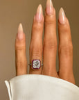 HER NAME WAS FRANCES AND YOU COULD ALWAYS FIND HER AMONGST THE FLOWERS // 2.24CT ASSCHER DIAMOND AND RUBY HALO RING