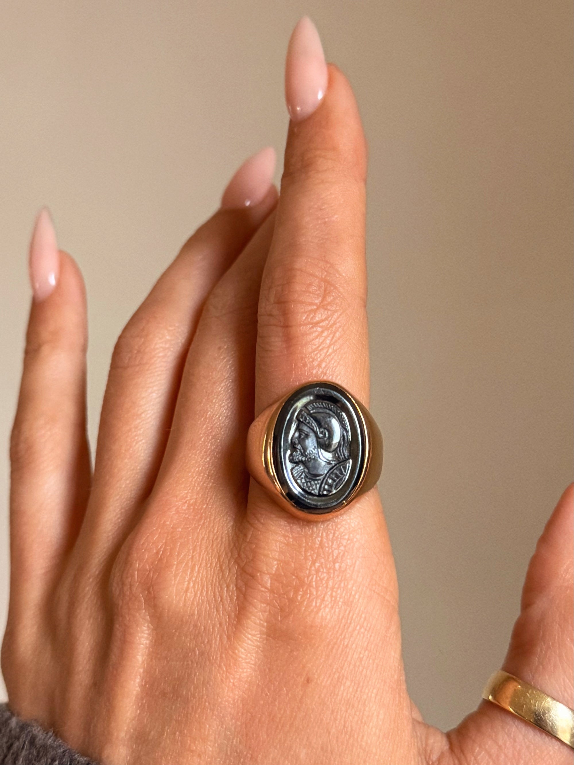 THAT ONE, OF TALL DARK AND HANDSOME // HEMATITE ROMAN SOLDIER SIGNET RING