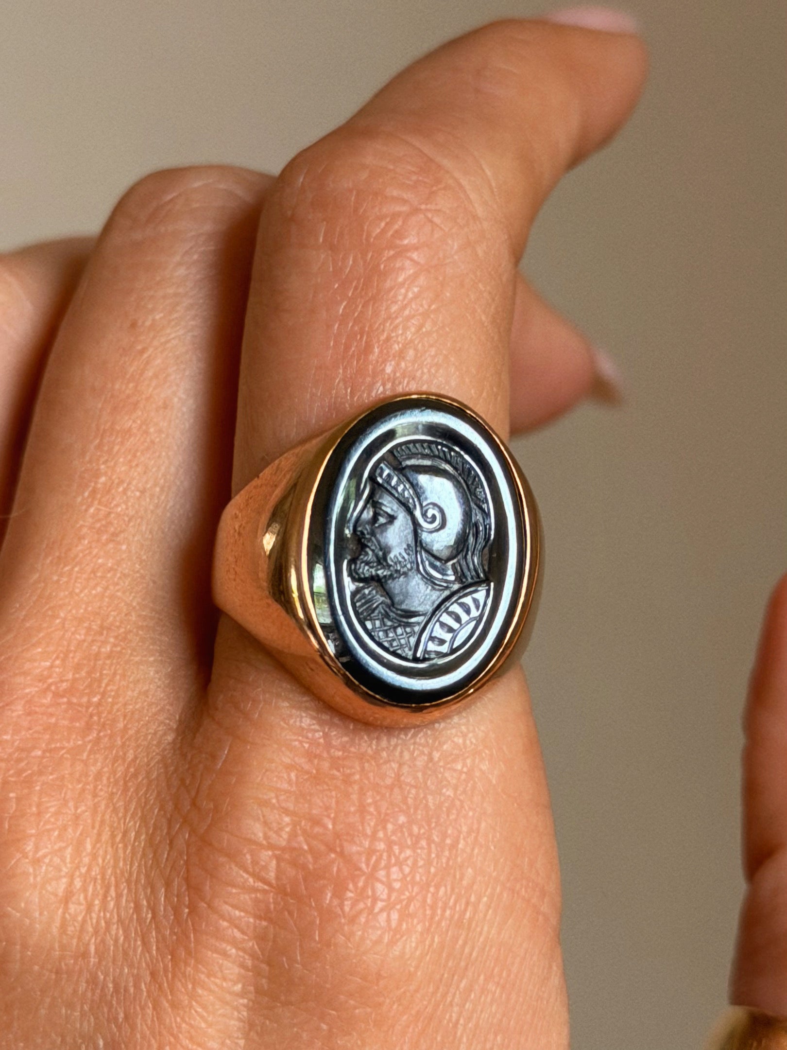 THAT ONE, OF TALL DARK AND HANDSOME // HEMATITE ROMAN SOLDIER SIGNET RING