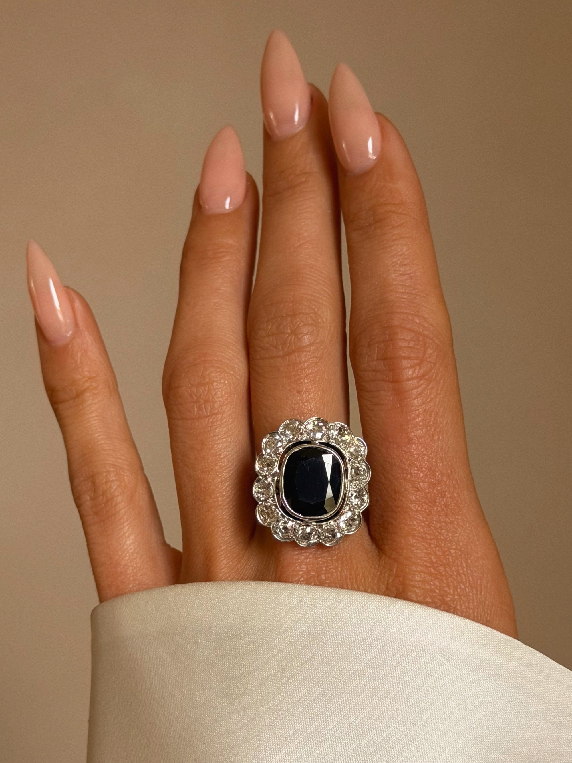 LOVE THE DARKEST PARTS OF ME OR DON'T LOVE ME AT ALL // EDWARDIAN SAPPHIRE AND DIAMOND HALO RING