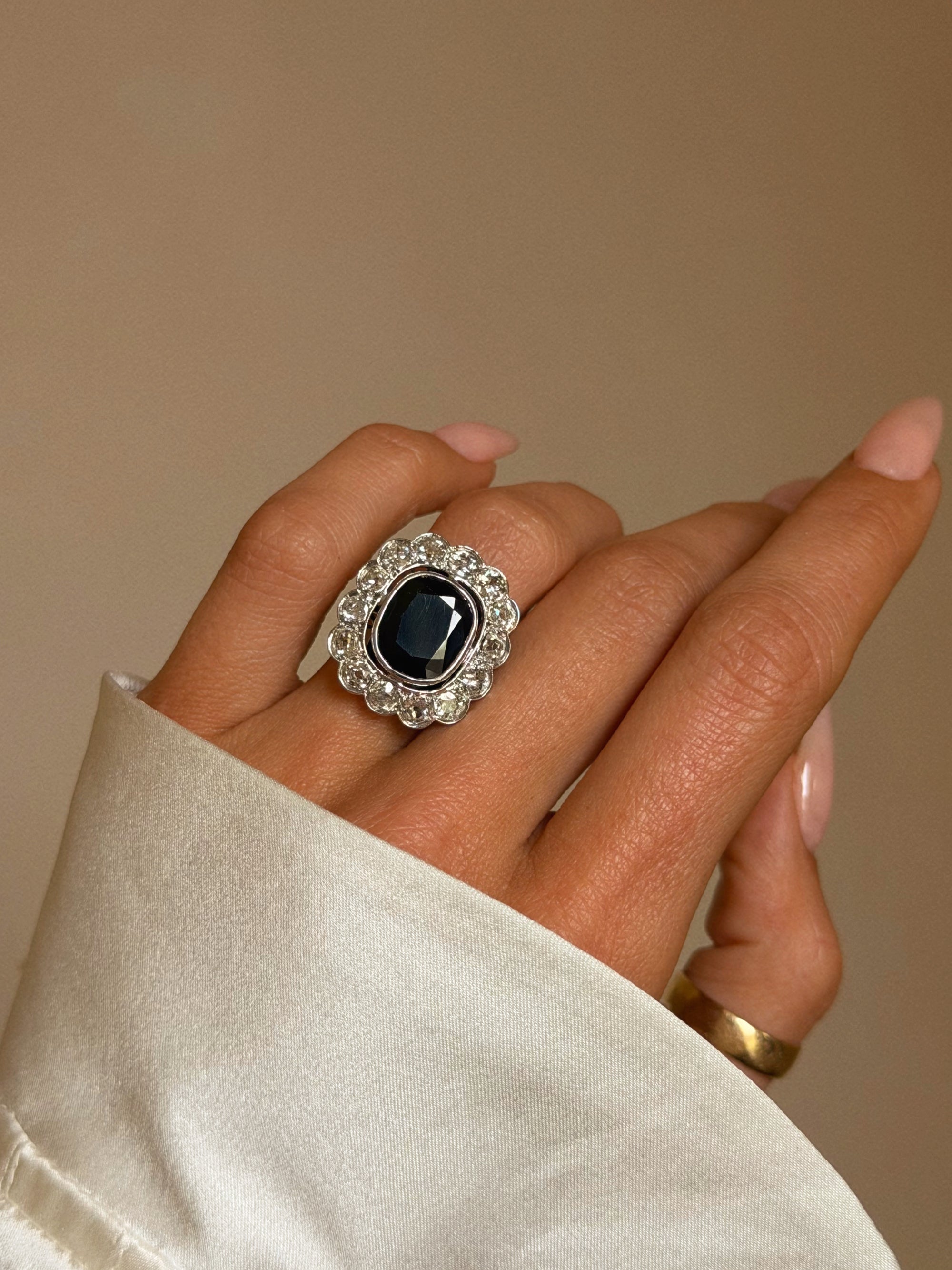 LOVE THE DARKEST PARTS OF ME OR DON'T LOVE ME AT ALL // EDWARDIAN SAPPHIRE AND DIAMOND HALO RING