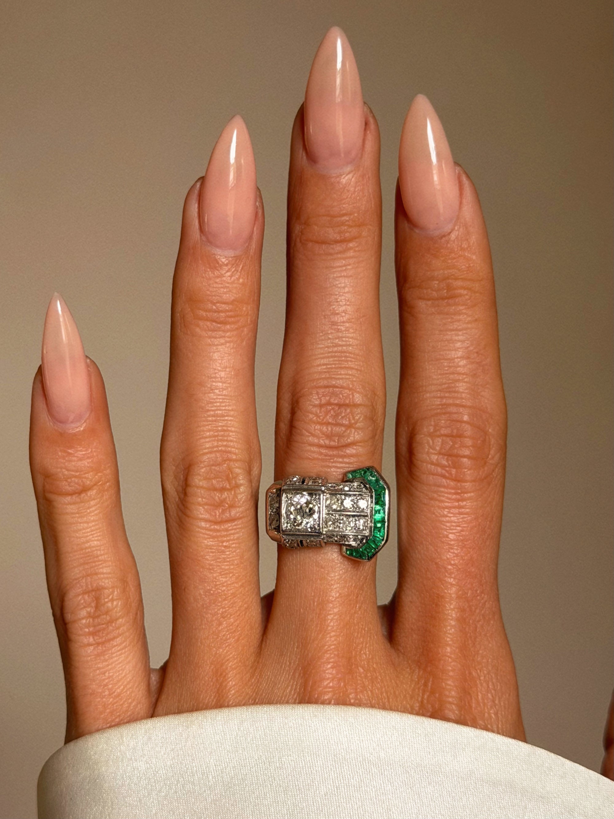 I MIGHT WRAP AROUND YOU BUT YOU'LL NEVER BE BOUND // ART DECO DIAMOND AND EMERALD BUCKLE RING