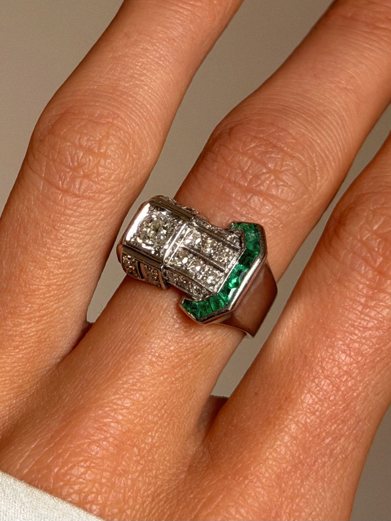 I MIGHT WRAP AROUND YOU BUT YOU'LL NEVER BE BOUND // ART DECO DIAMOND AND EMERALD BUCKLE RING