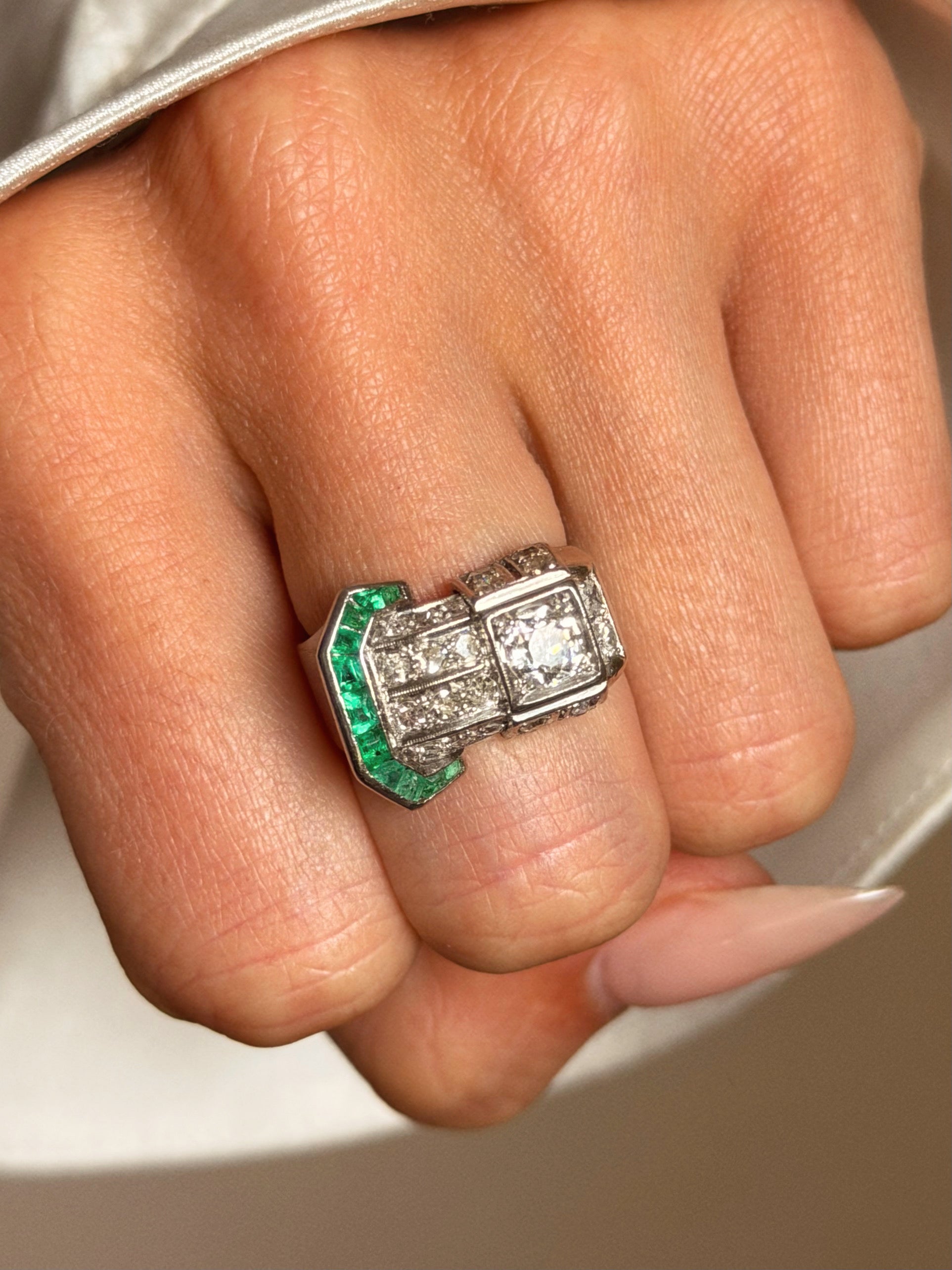 I MIGHT WRAP AROUND YOU BUT YOU'LL NEVER BE BOUND // ART DECO DIAMOND AND EMERALD BUCKLE RING