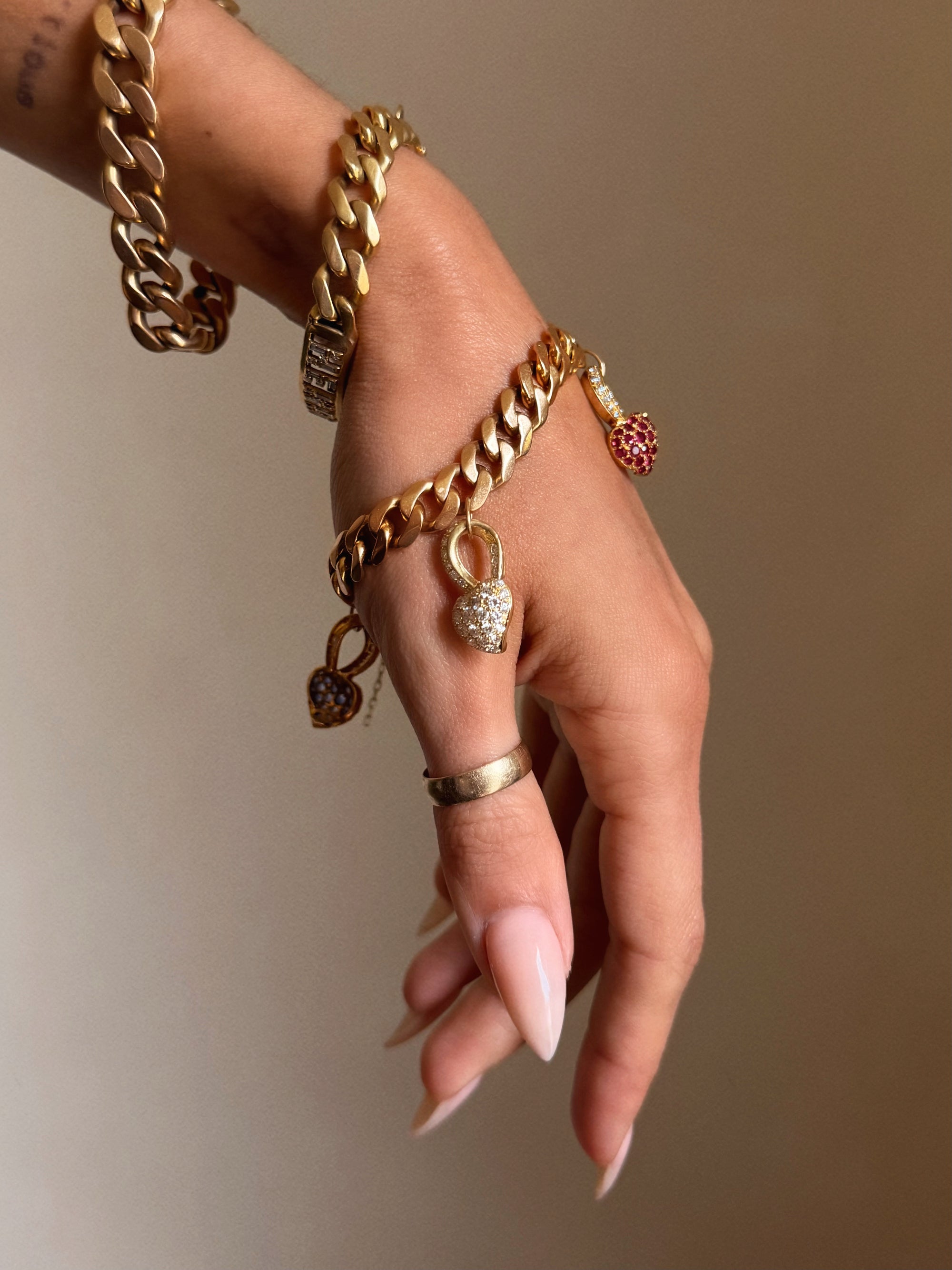 IF YOU COULD, WHY WOULDN'T YOU // 18K GOLD CURB LINK BRACELET ANKLET WITH RUBY SAPPHIRE AND DIAMOND HEART CHARMS