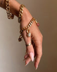 IF YOU COULD, WHY WOULDN'T YOU // 18K GOLD CURB LINK BRACELET ANKLET WITH RUBY SAPPHIRE AND DIAMOND HEART CHARMS