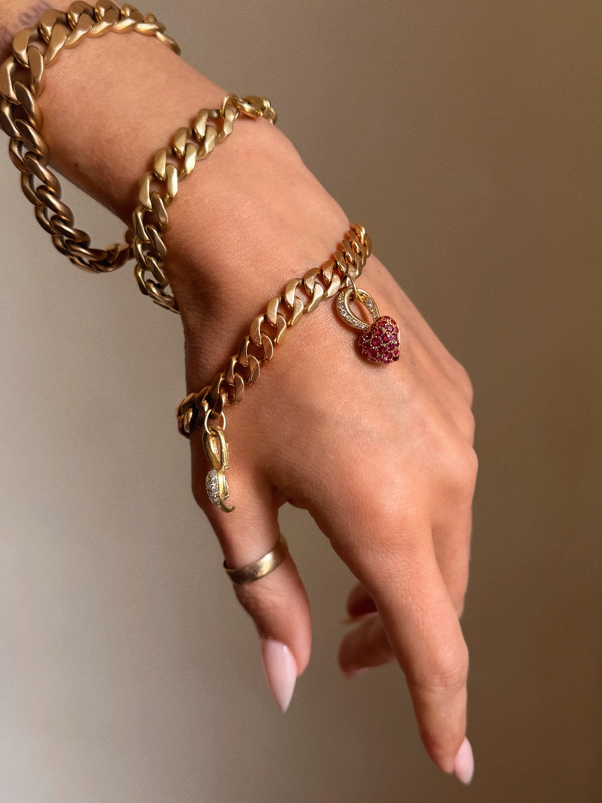 IF YOU COULD, WHY WOULDN'T YOU // 18K GOLD CURB LINK BRACELET ANKLET WITH RUBY SAPPHIRE AND DIAMOND HEART CHARMS