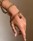 IF YOU COULD, WHY WOULDN'T YOU // 18K GOLD CURB LINK BRACELET ANKLET WITH RUBY SAPPHIRE AND DIAMOND HEART CHARMS