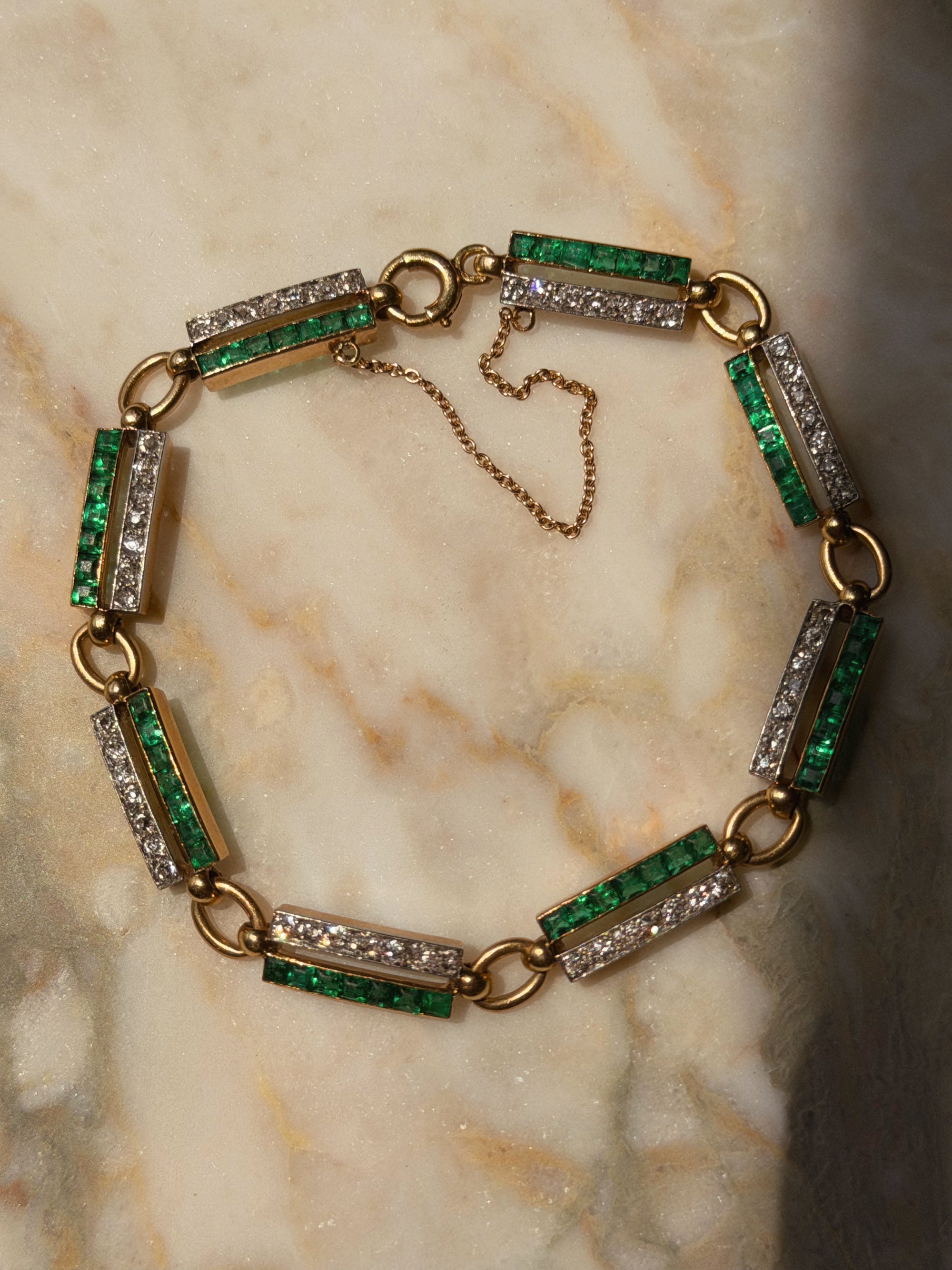 LAY YOUR HEAD DOWN HERE, LOVE ON THIS PATCH OF MOSS AND LISTEN TO THE TRICKLING STREAM // FRENCH DECO COLOMBIAN EMERALD AND OLD MINE CUT DIAMOND BRACELET