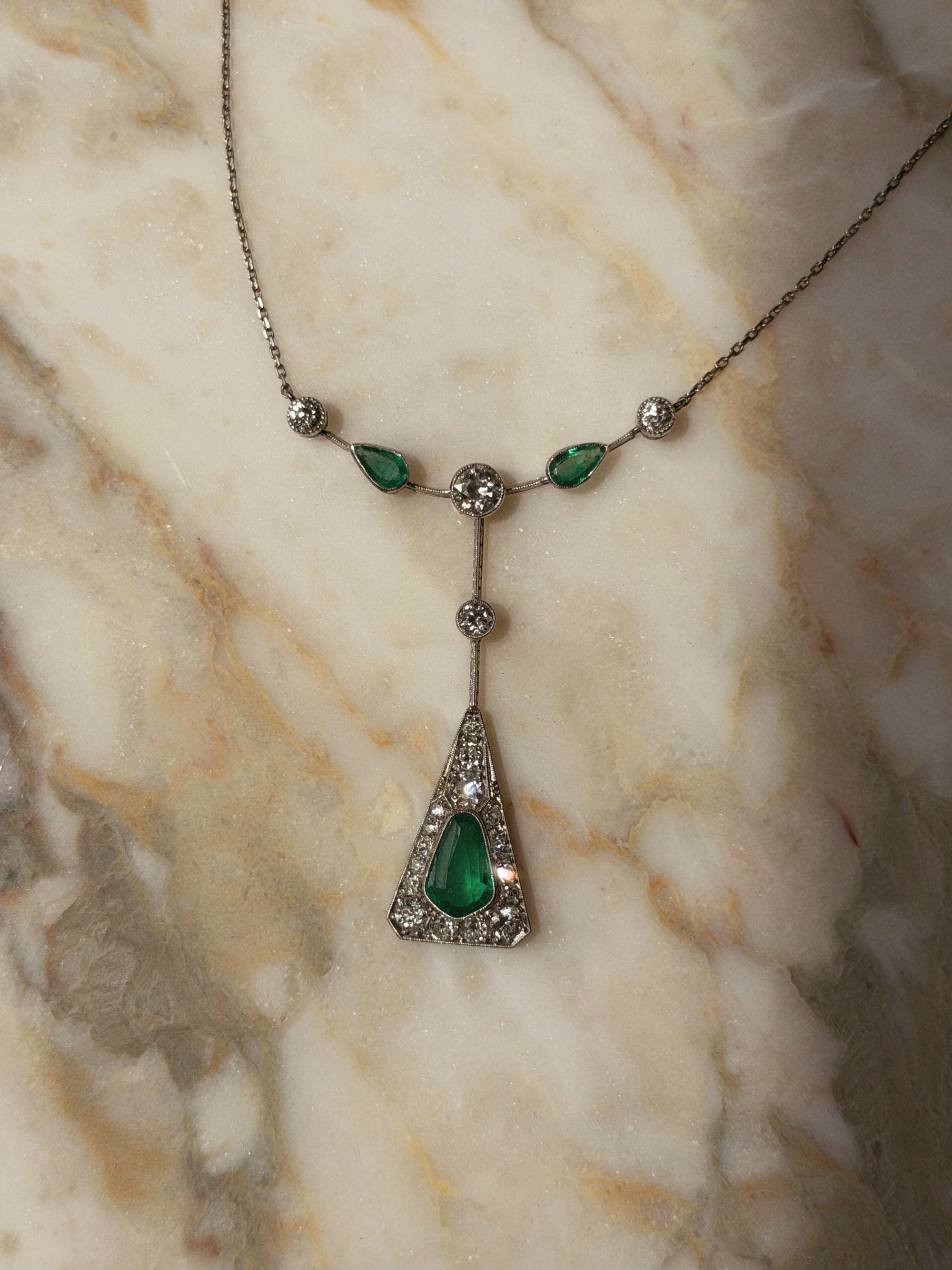 I'LL MEET YOU THERE IN THAT LITTLE GROVE WE USED TO HIDE WITHIN AND KISS // ART DECO COLOMBIAN EMERALD AND OLD MINE CUT DIAMOND NECKLACE