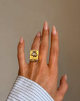 FOLLOW ME TO WHERE THE BLUE MOON DIPS BEHIND THESE GOLDEN MOUNTAINS // BLUE SAPPHIRE MOUNTAIN LANDSCAPE SIGNET RING