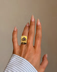 FOLLOW ME TO WHERE THE BLUE MOON DIPS BEHIND THESE GOLDEN MOUNTAINS // BLUE SAPPHIRE MOUNTAIN LANDSCAPE SIGNET RING