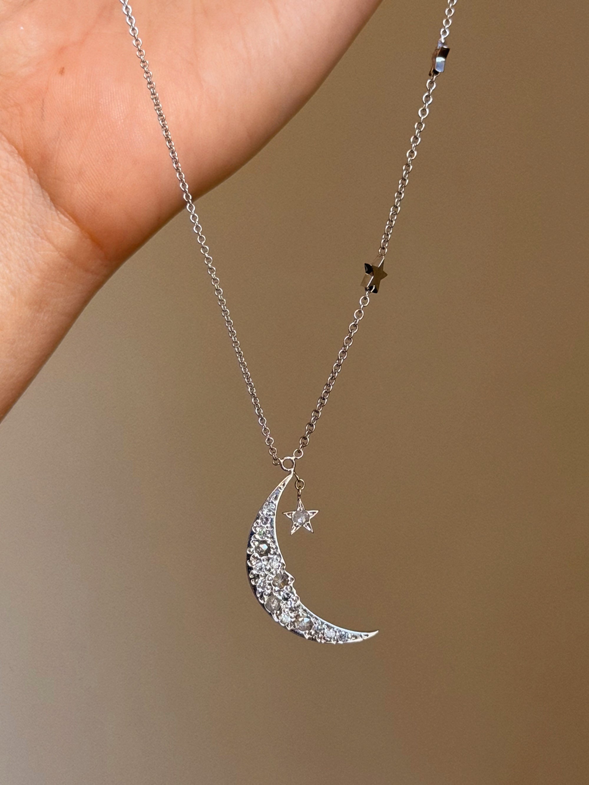 BUILD ME A CASTLE, 40 FEET HIGH // ROSE CUT DIAMOND ENCRUSTED CRESCENT MOON NECKLACE WITH STARS