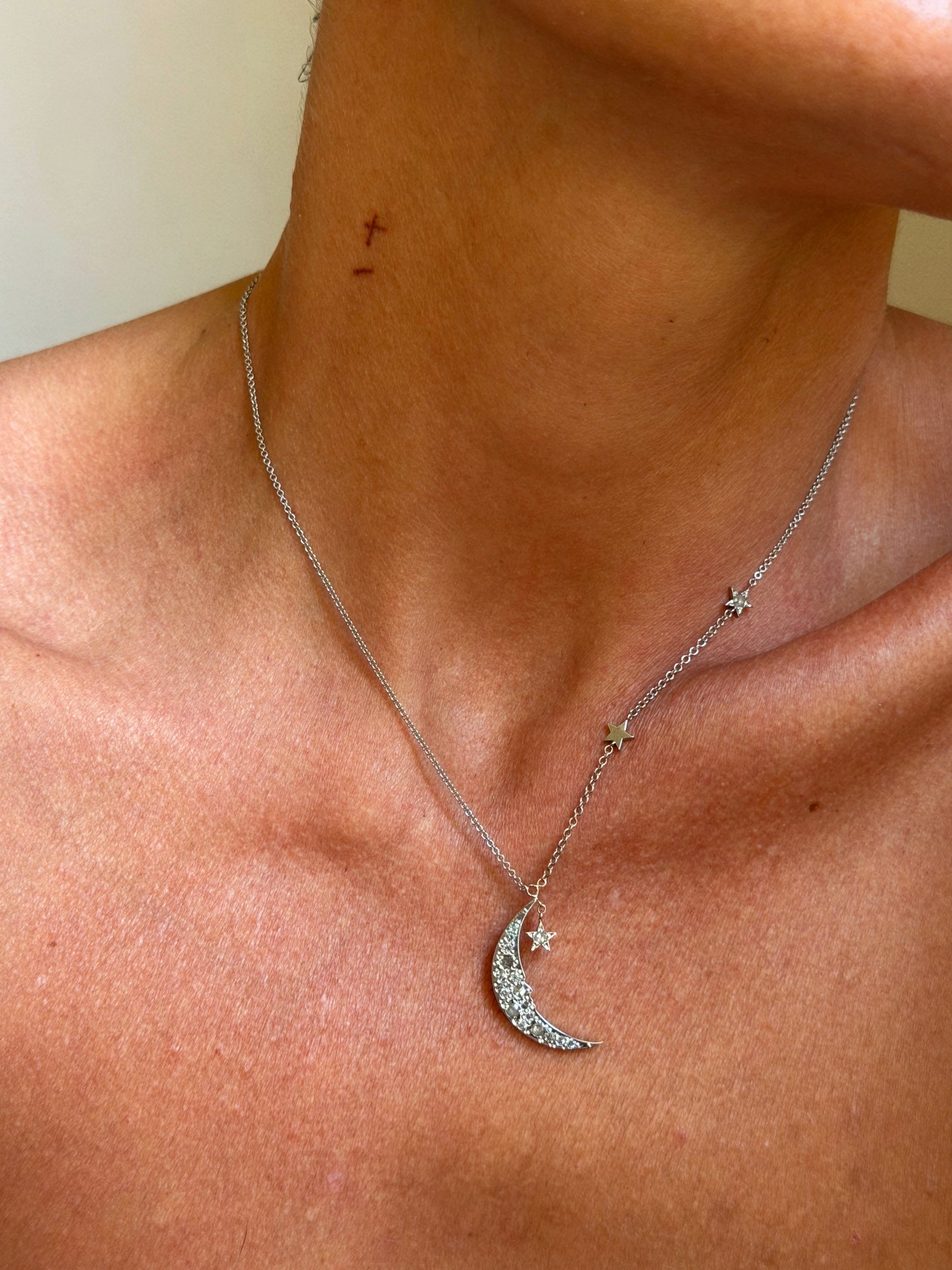 BUILD ME A CASTLE, 40 FEET HIGH // ROSE CUT DIAMOND ENCRUSTED CRESCENT MOON NECKLACE WITH STARS