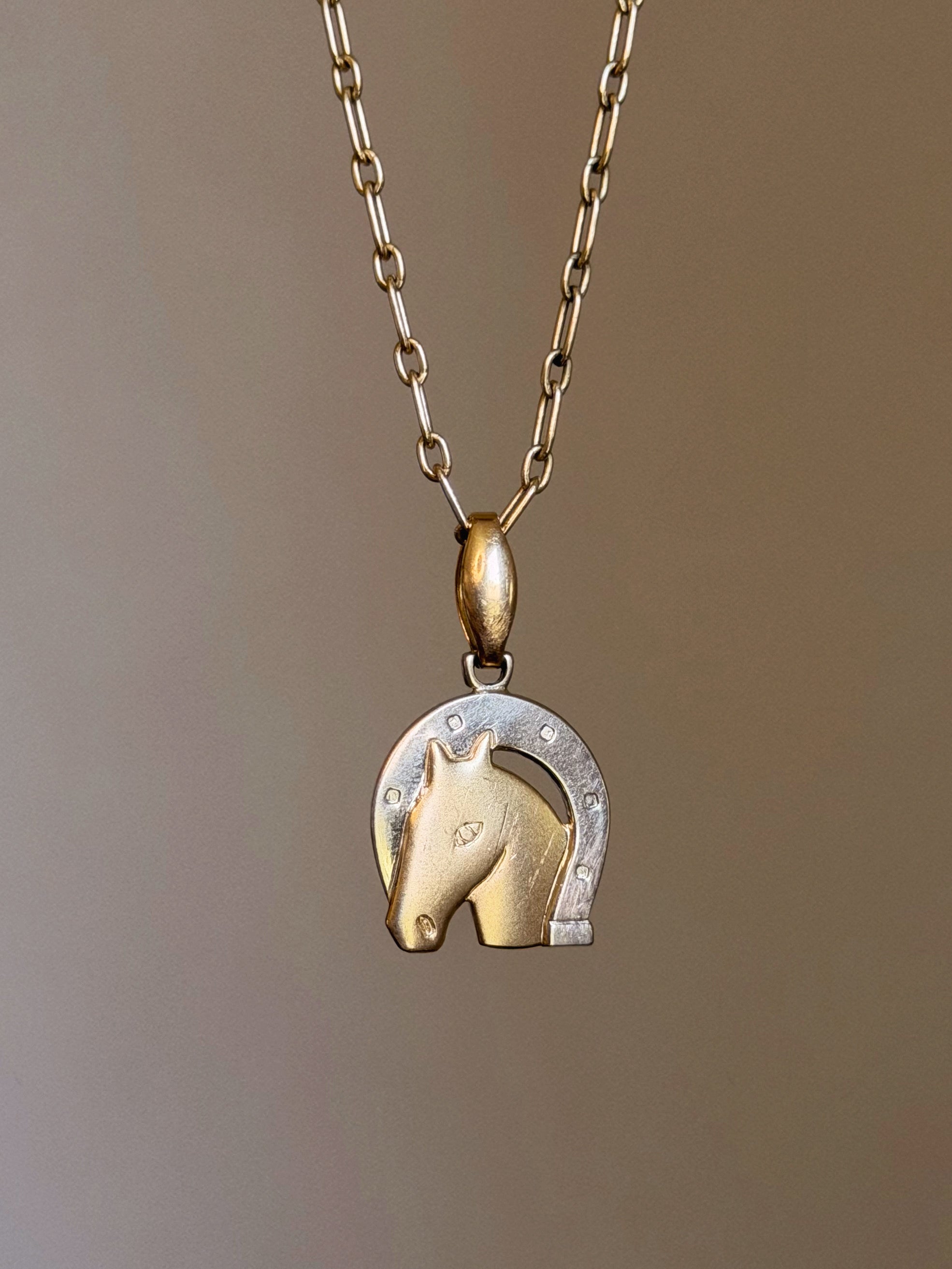 TAKE A RIDE AND GET LUCKY // 18K GOLD HORSE AND HORSESHOE PENDANT