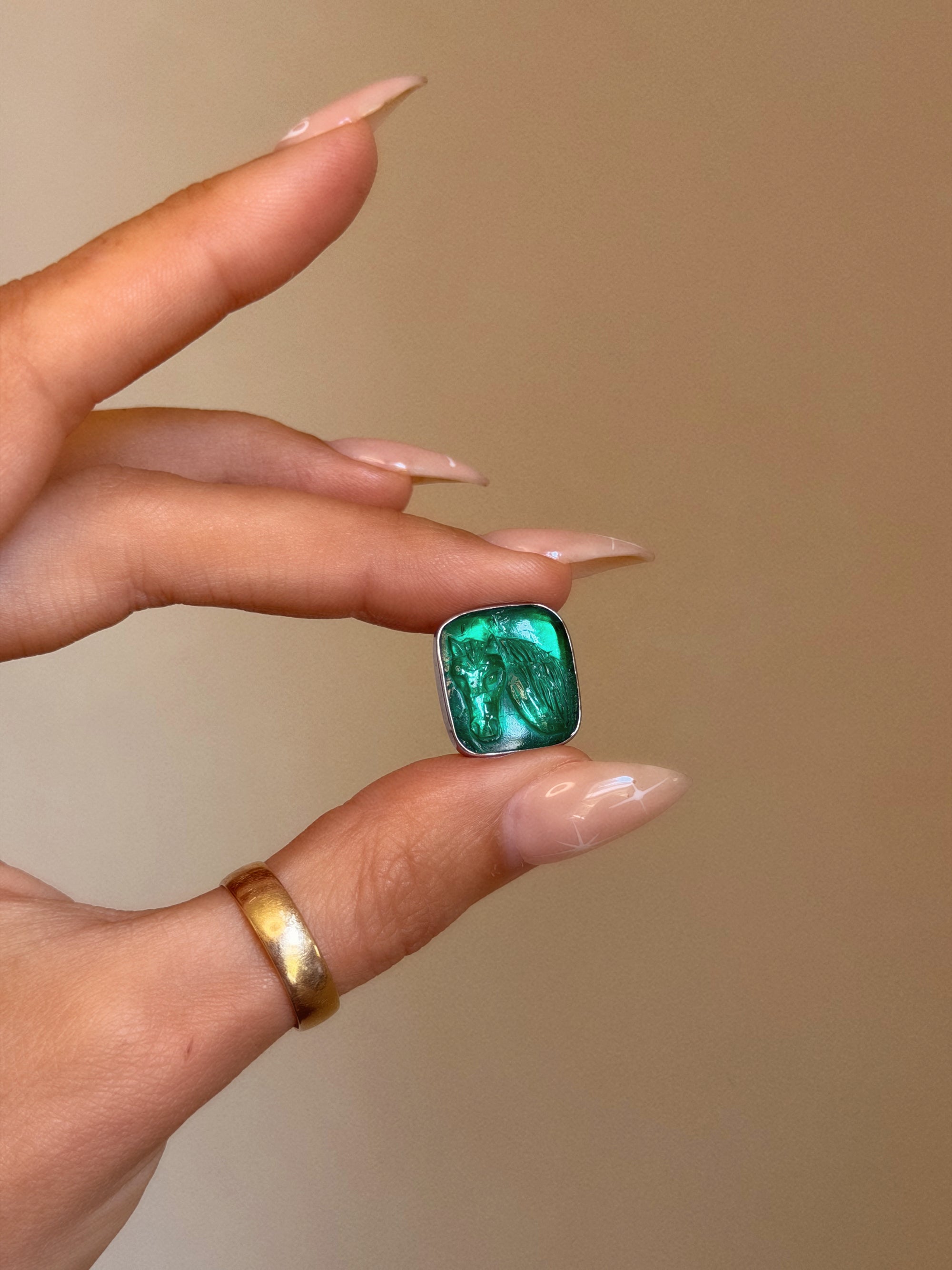 RIDE ON OVER HERE INTO GREENER PASTURES, BABY // HAND CARVED EMERAD HORSE CAMEO TIE PIN