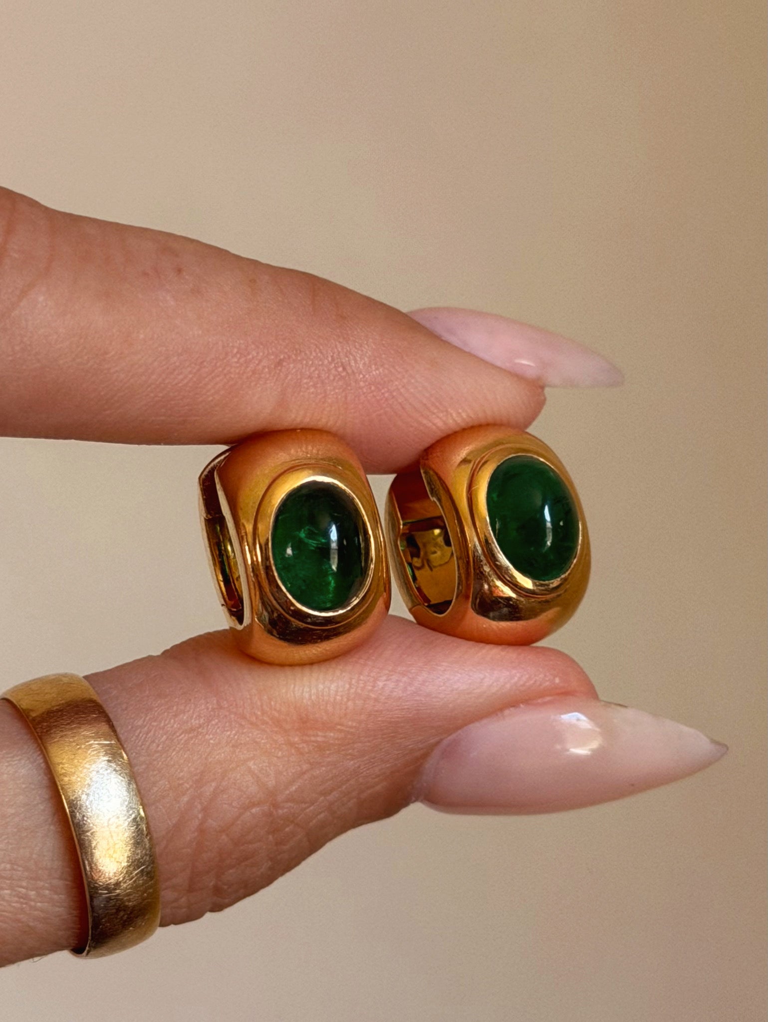 IN THE HEAT OF THE SUMMER EVERYTHING WAS SO LUSH AND VERDANT // GIA CERTIFIED BRAZILIAN EMERALD CABOCHON HUGGIE HOOPS