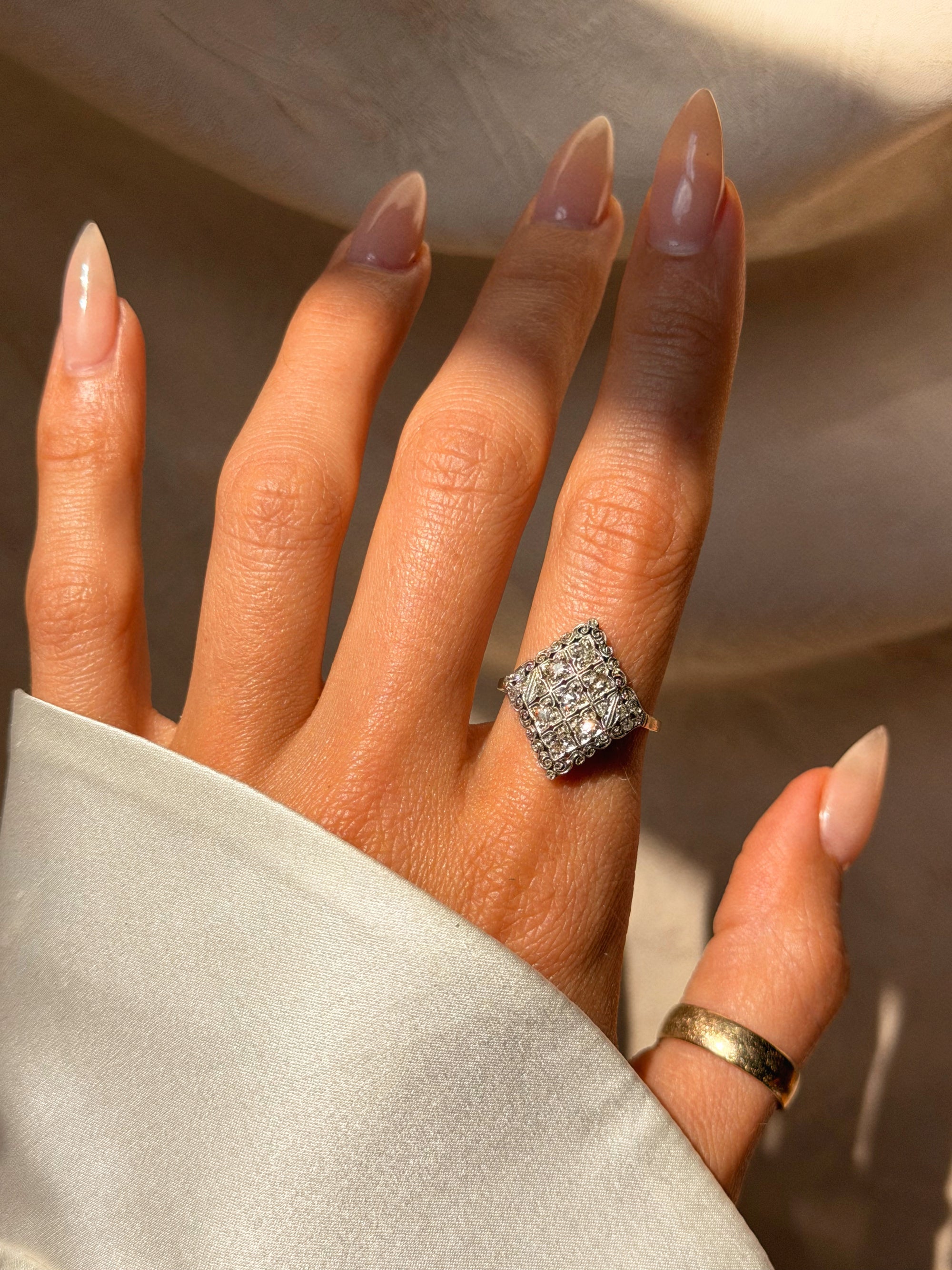 EVERY SPRING I WAIT TO WATCH THE PORTICO BLOOM, IT MAKES ME FEEL ALIVE // MIDCENTURY FILIGREE DIAMOND RING