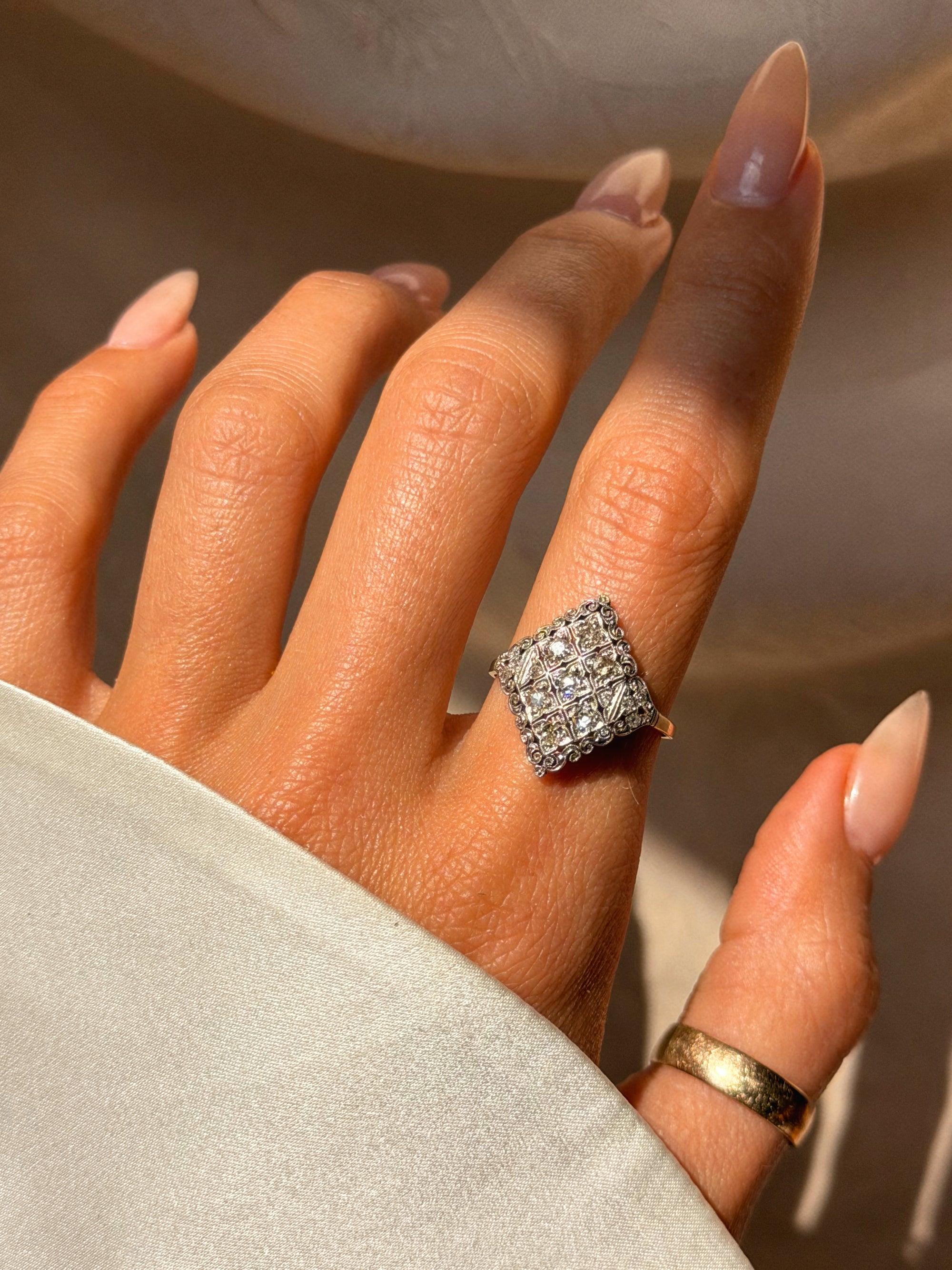 EVERY SPRING I WAIT TO WATCH THE PORTICO BLOOM, IT MAKES ME FEEL ALIVE // MIDCENTURY FILIGREE DIAMOND RING