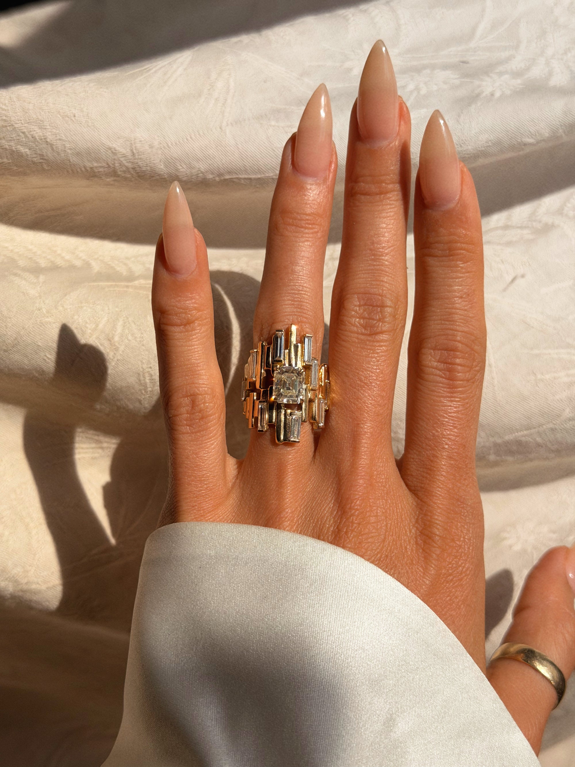 HELP ME LOSE MY MIND, DON'T GO EASY ON ME // EMERALD CUT DIAMOND BRUTALIST INSPIRED RING WITH BAGUETTE DIAMONDS