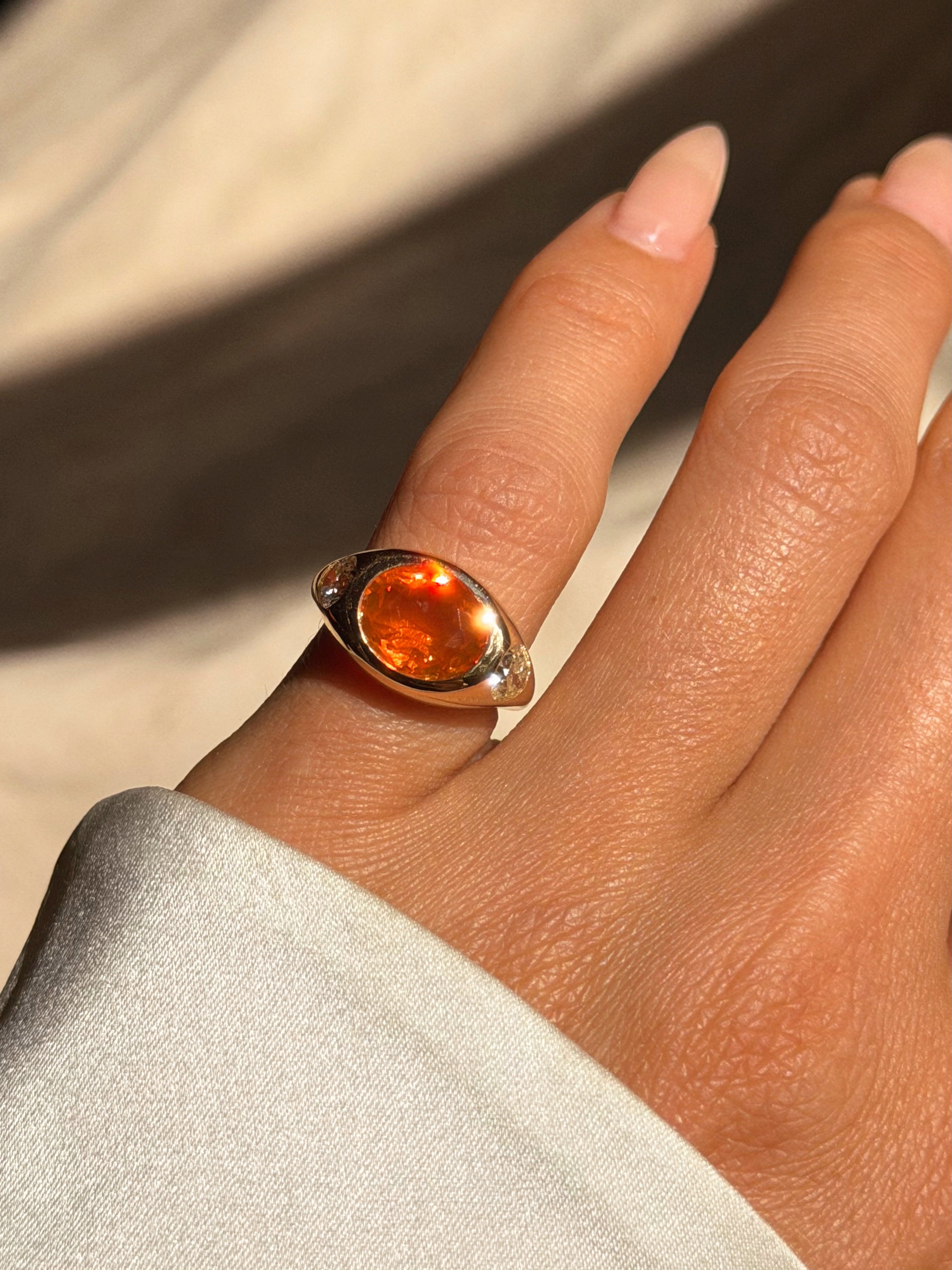 I HAVE THIS SMOLDERING DESIRE AND IT'S TIME I LET IT BURN  FREELY // MEXICAN FIRE OPAL AND DIAMOND SIGNET PINKY RING