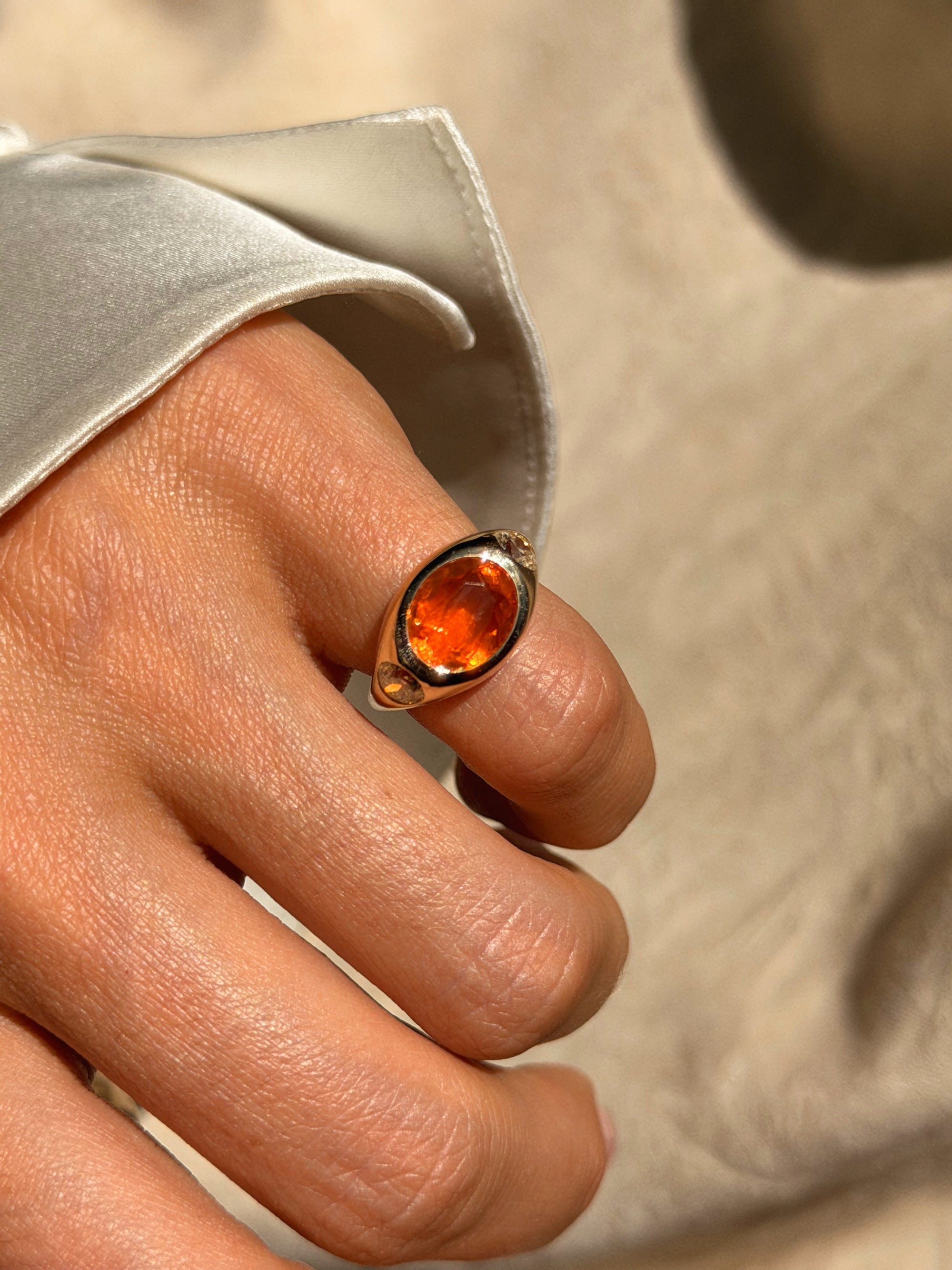 I HAVE THIS SMOLDERING DESIRE AND IT'S TIME I LET IT BURN  FREELY // MEXICAN FIRE OPAL AND DIAMOND SIGNET PINKY RING
