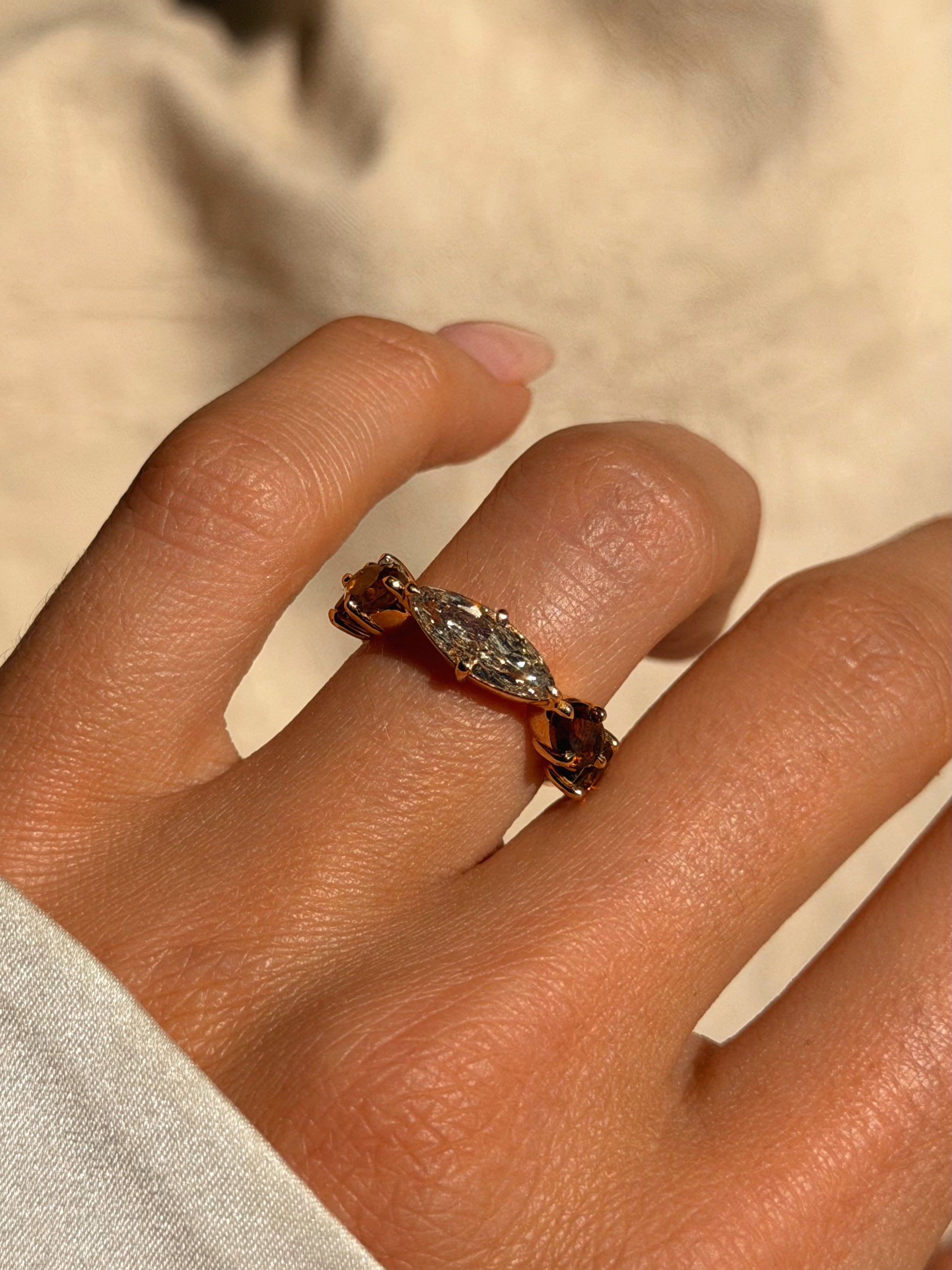 I LONG FOR THE LEAVES FALLING, WHEN I CAN FEEL THE MEMORY OF YOU CLOSEST // ONE OF A KIND ELONGATED MARQUISE DIAMOND AND AUTUMN TOURMALINE RING