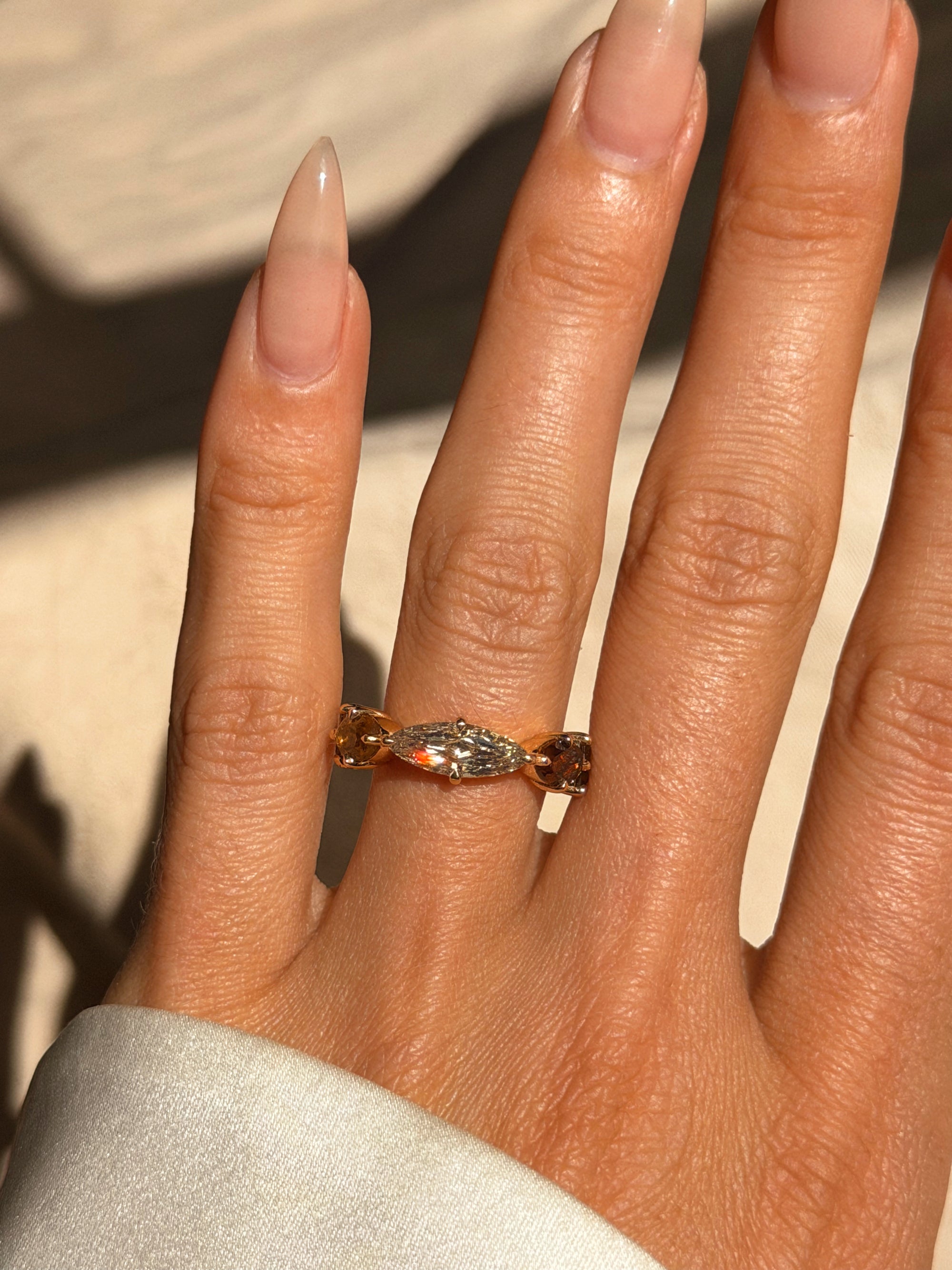 I LONG FOR THE LEAVES FALLING, WHEN I CAN FEEL THE MEMORY OF YOU CLOSEST // ONE OF A KIND ELONGATED MARQUISE DIAMOND AND AUTUMN TOURMALINE RING