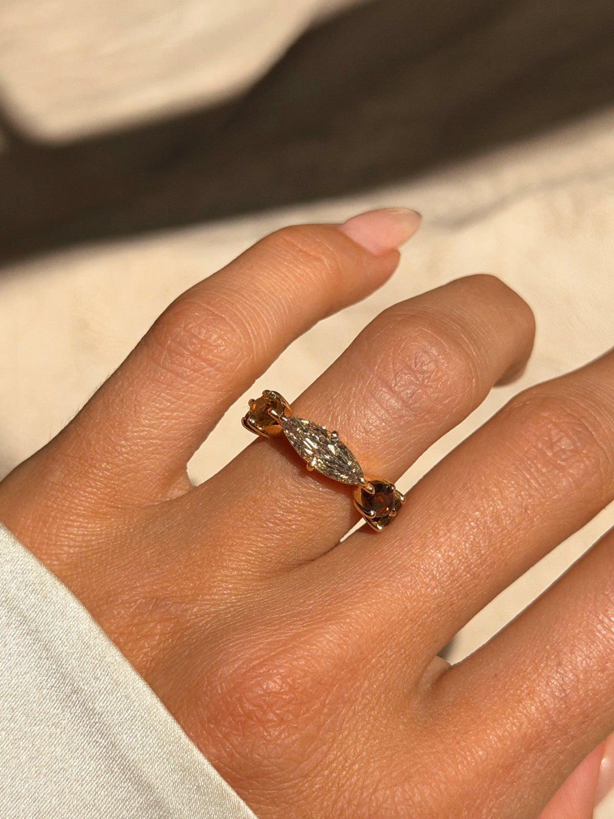 I LONG FOR THE LEAVES FALLING, WHEN I CAN FEEL THE MEMORY OF YOU CLOSEST // ONE OF A KIND ELONGATED MARQUISE DIAMOND AND AUTUMN TOURMALINE RING