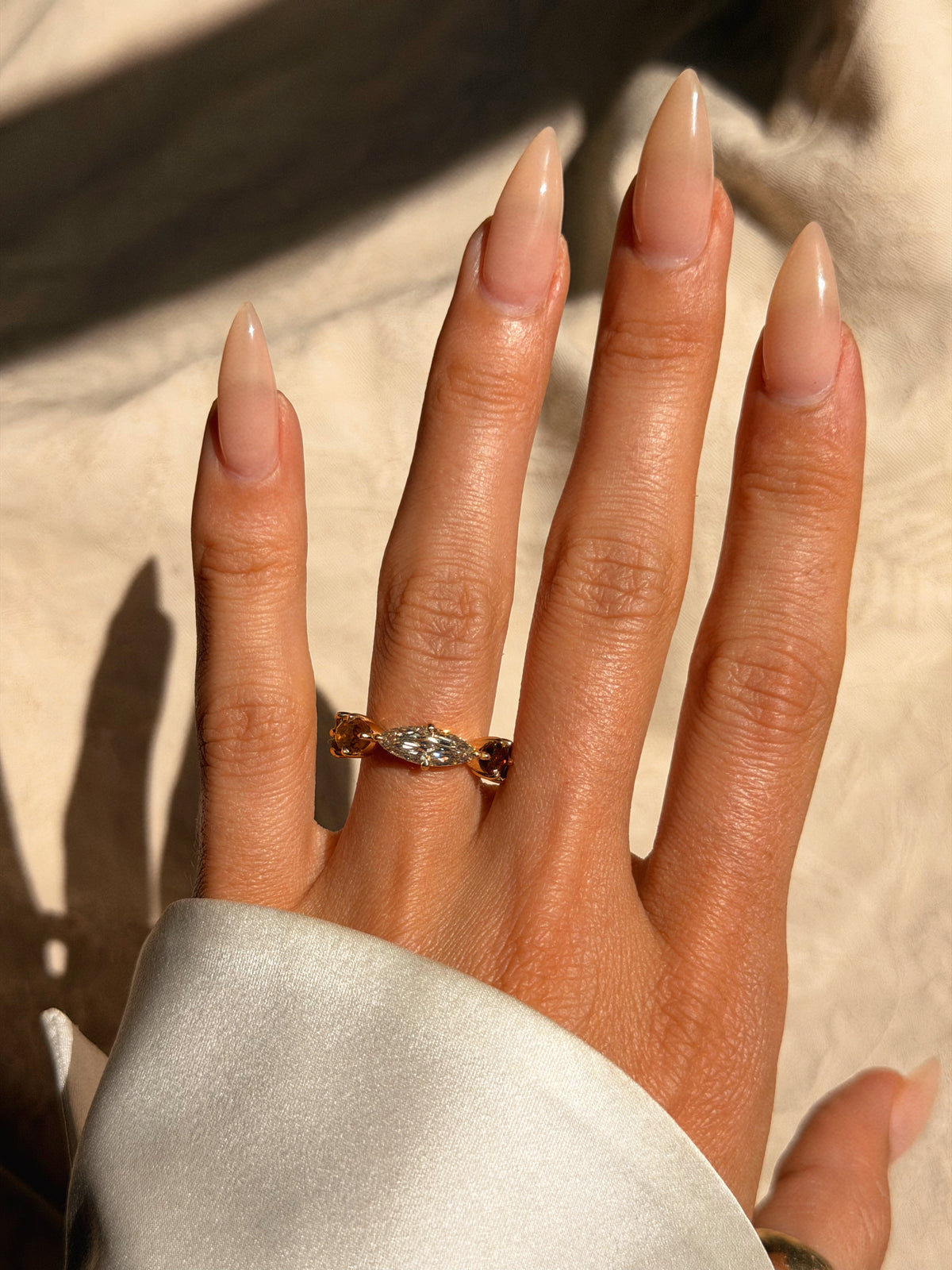 I LONG FOR THE LEAVES FALLING, WHEN I CAN FEEL THE MEMORY OF YOU CLOSEST // ONE OF A KIND ELONGATED MARQUISE DIAMOND AND AUTUMN TOURMALINE RING