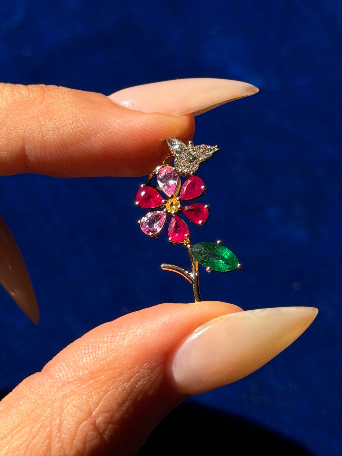 TEND TO YOUR OWN GARDENS, AND WATCH WHAT GROWS // ONE OF A KIND GEMSTONE BLOOM WITH DIAMOND BUTTERFLY PENDANT