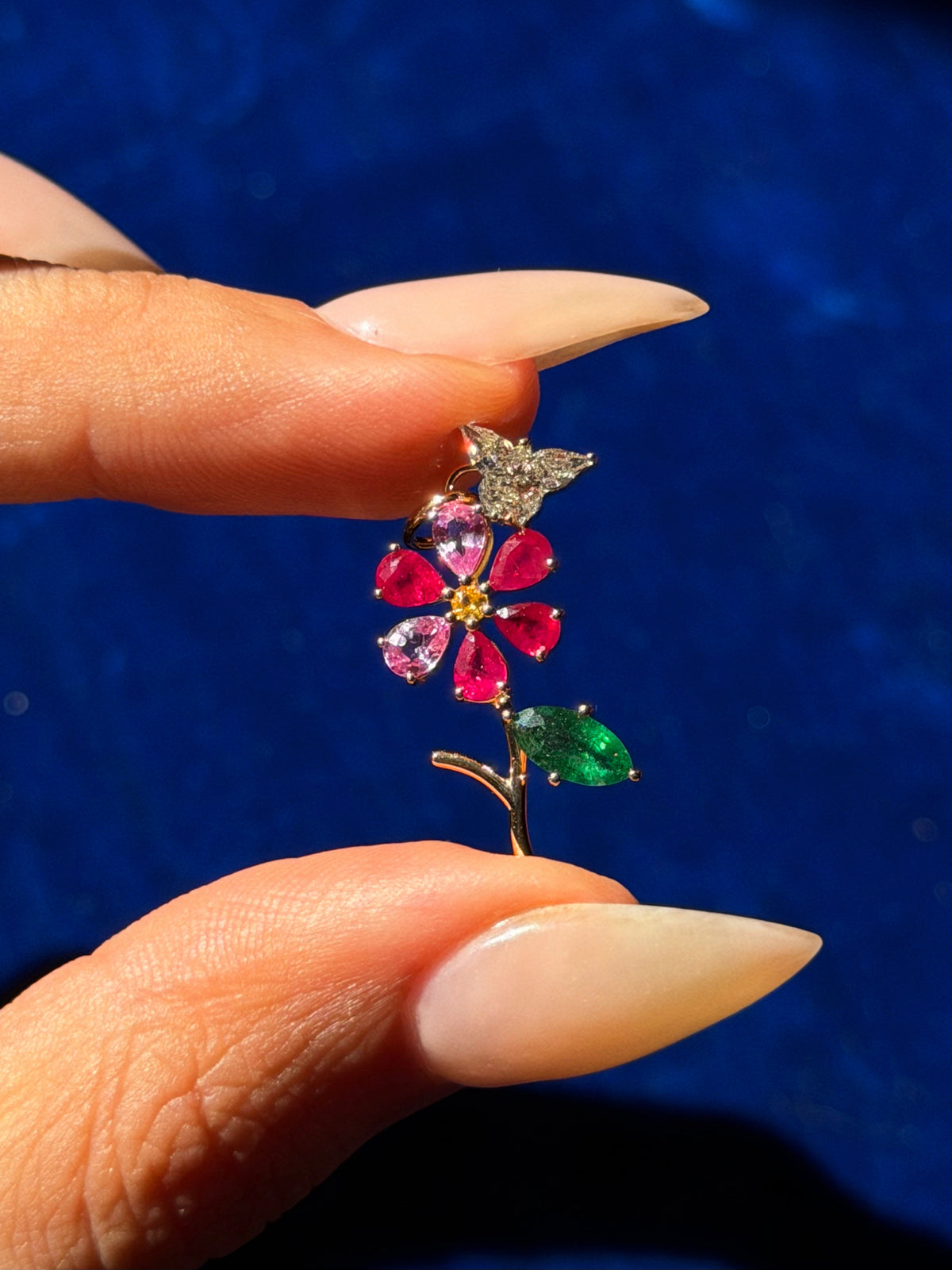 TEND TO YOUR OWN GARDENS, AND WATCH WHAT GROWS // ONE OF A KIND GEMSTONE BLOOM WITH DIAMOND BUTTERFLY PENDANT