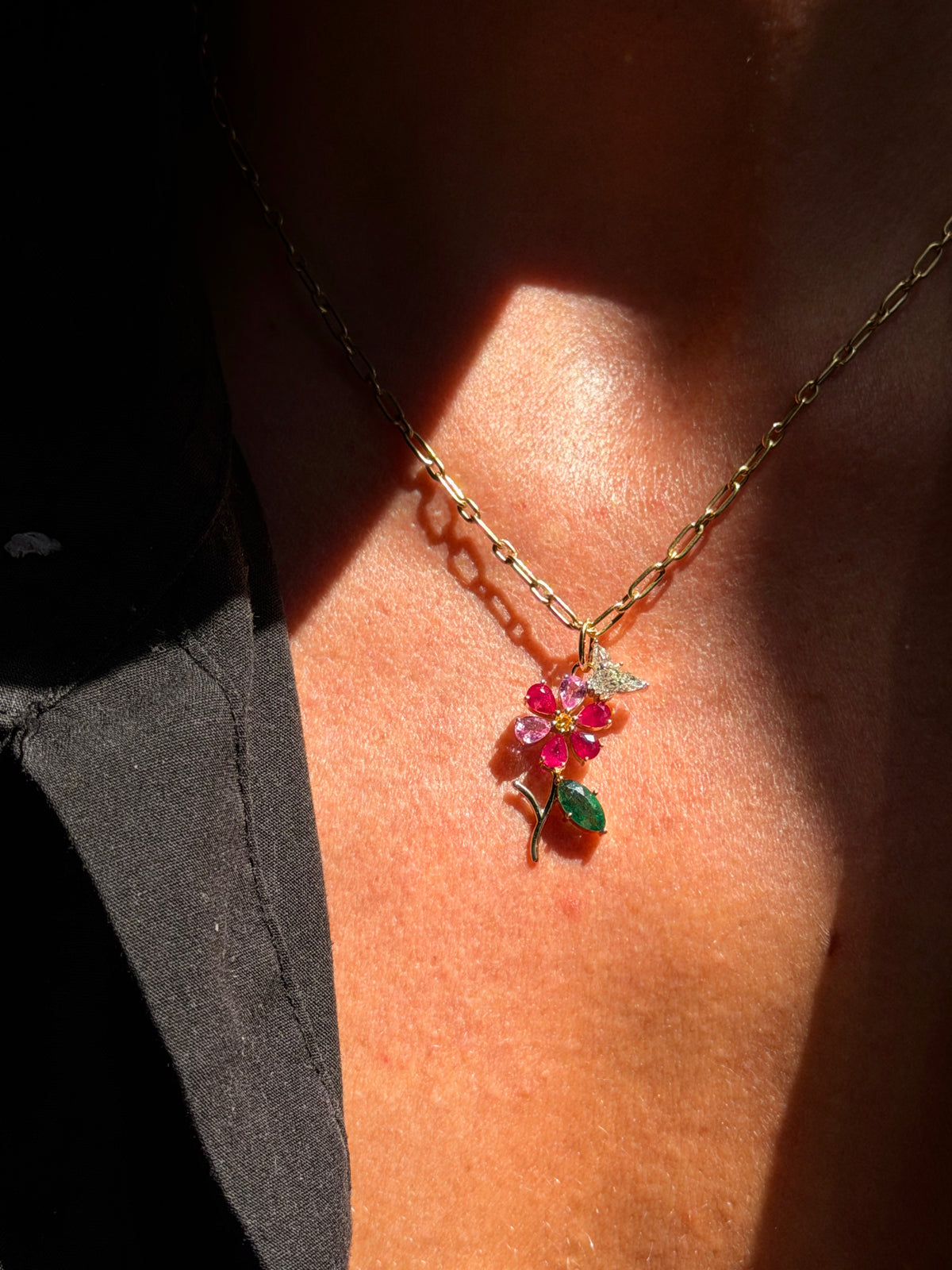 TEND TO YOUR OWN GARDENS, AND WATCH WHAT GROWS // ONE OF A KIND GEMSTONE BLOOM WITH DIAMOND BUTTERFLY PENDANT