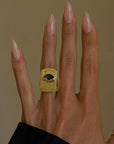 FOLLOW ME TO WHERE THE BLUE MOON DIPS BEHIND THESE GOLDEN MOUNTAINS // BLUE SAPPHIRE MOUNTAIN LANDSCAPE SIGNET RING