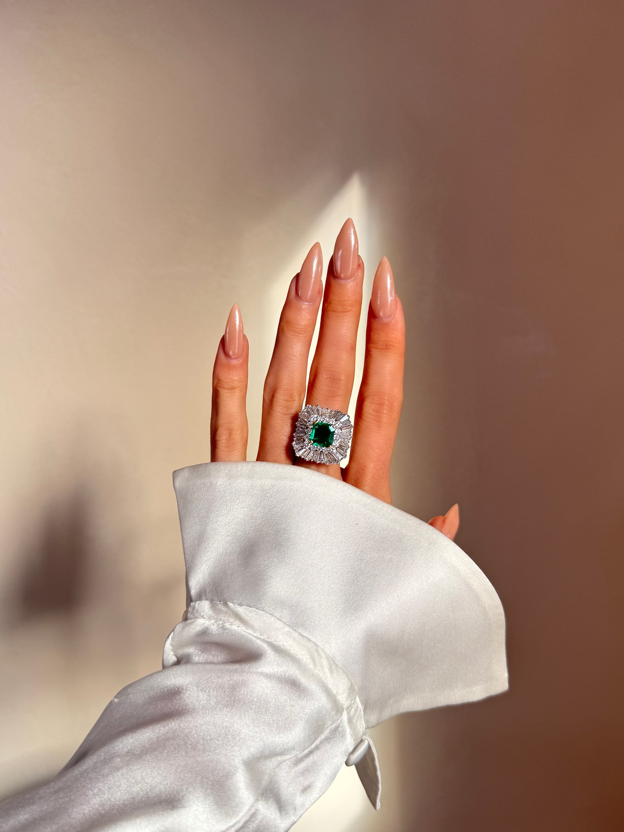 YOU MAY LOOK AT ME AND THINK YOU HAVE ME FIGURED OUT, BUT I ASSURE YOU, I AM FULL OF SURPRISES // 1950's EMERALD AND DIAMOND BALLERINA RING-DANT