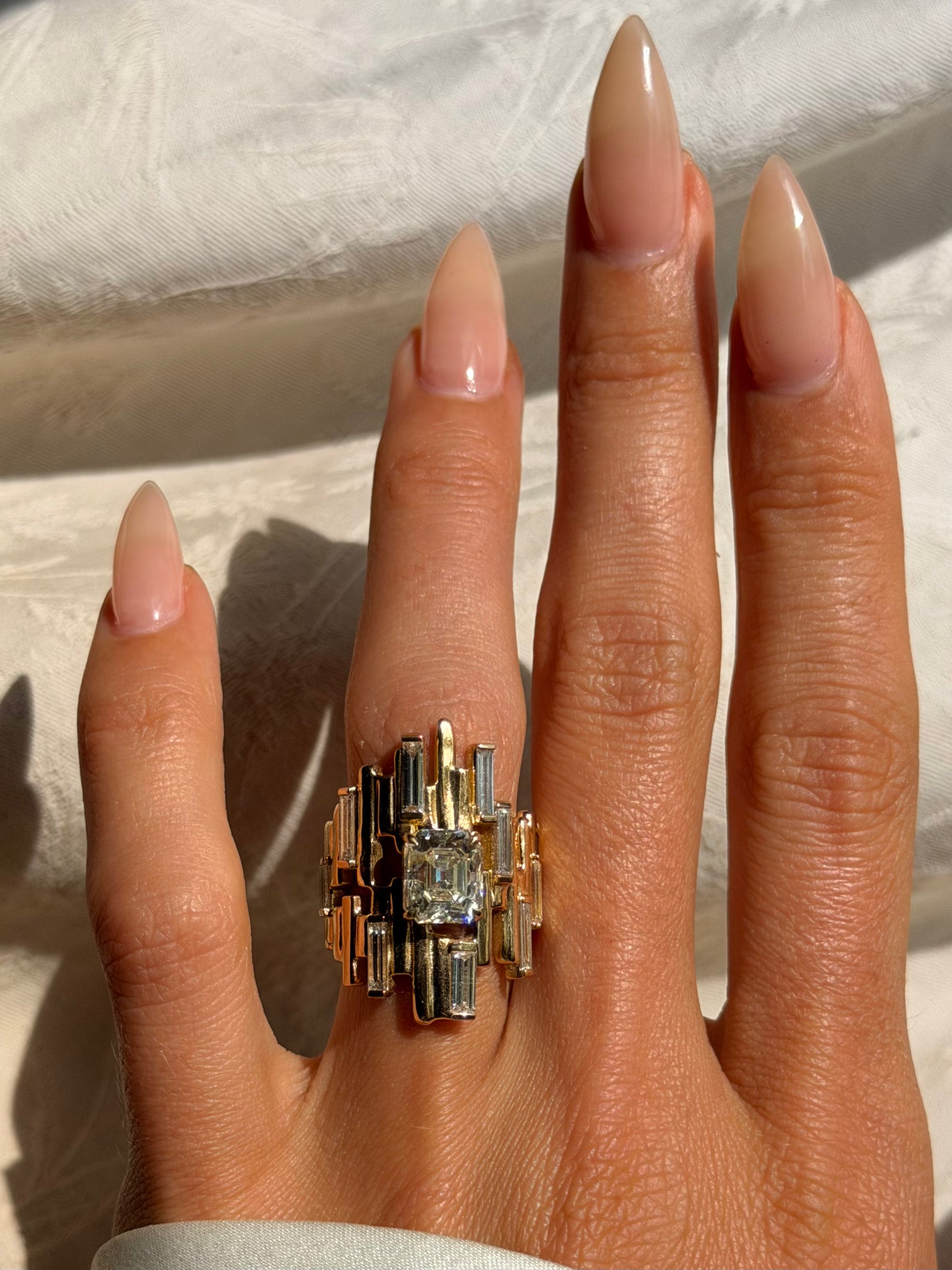 HELP ME LOSE MY MIND, DON'T GO EASY ON ME // EMERALD CUT DIAMOND BRUTALIST INSPIRED RING WITH BAGUETTE DIAMONDS