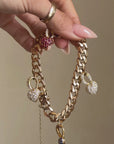 IF YOU COULD, WHY WOULDN'T YOU // 18K GOLD CURB LINK BRACELET ANKLET WITH RUBY SAPPHIRE AND DIAMOND HEART CHARMS