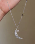 BUILD ME A CASTLE, 40 FEET HIGH // ROSE CUT DIAMOND ENCRUSTED CRESCENT MOON NECKLACE WITH STARS
