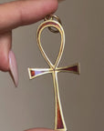 I ALREADY HAVE THE KEY TO LIFE, RUNNING RIGHT THROUGH MY VEINS // LARGE VINTAGE ITALIAN GOLD ANKH PENDANT WITH RED ENAMEL