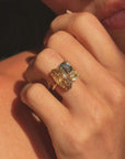 OF THINGS THAT GROW STEADY AND GOOD // ONE OF A KIND FANCY BROWN MARQUISE, YELLOW DIAMOND AND NATURAL SAPPHIRE THREE STONE RING